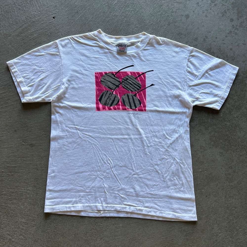 Vintage 90s Mark E Jackson Cherry Shirt Large White Abstract Pop Art